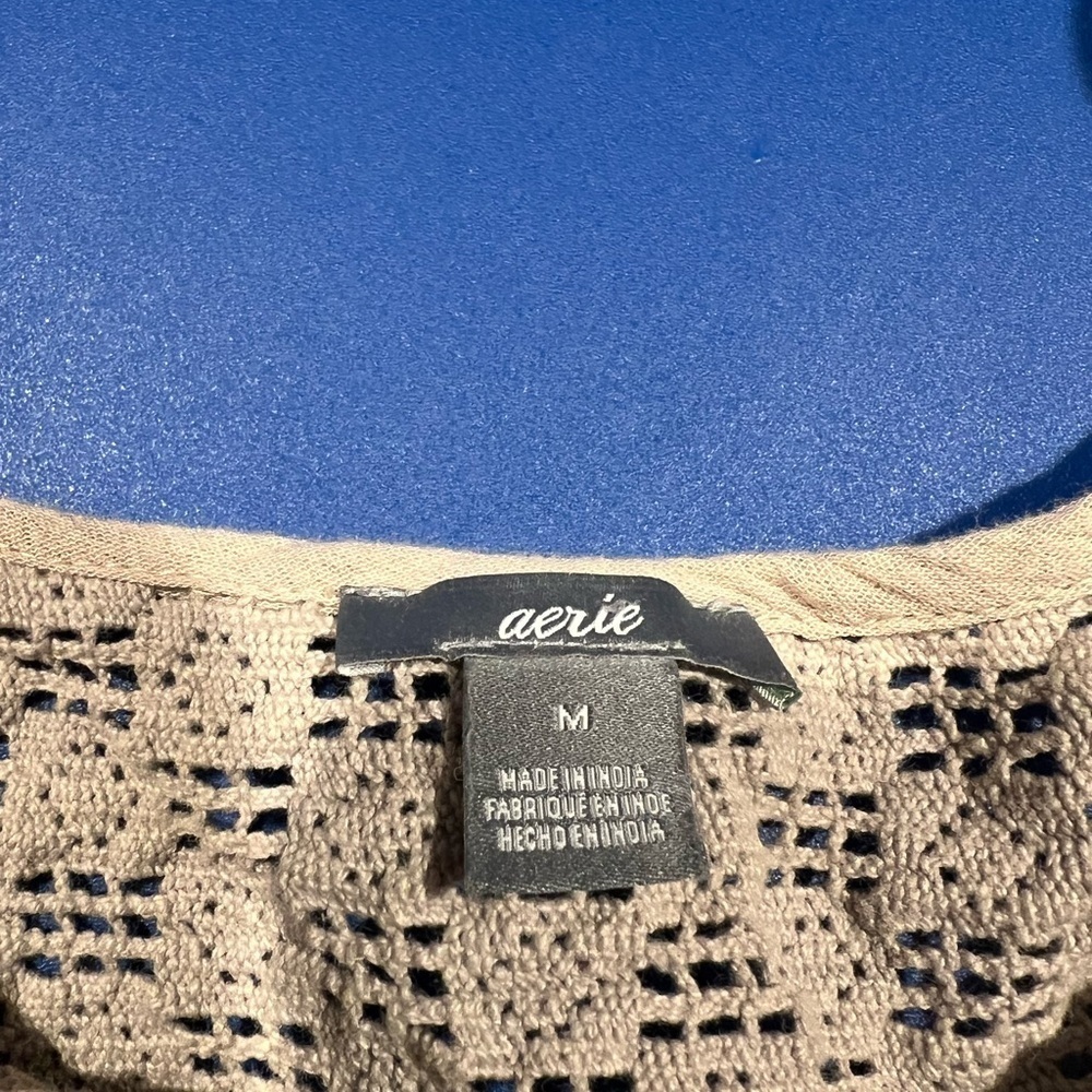 Aerie Beige gauze dress M crochet neck Tie front shift cruise vacation festival - Picture 5 of 7